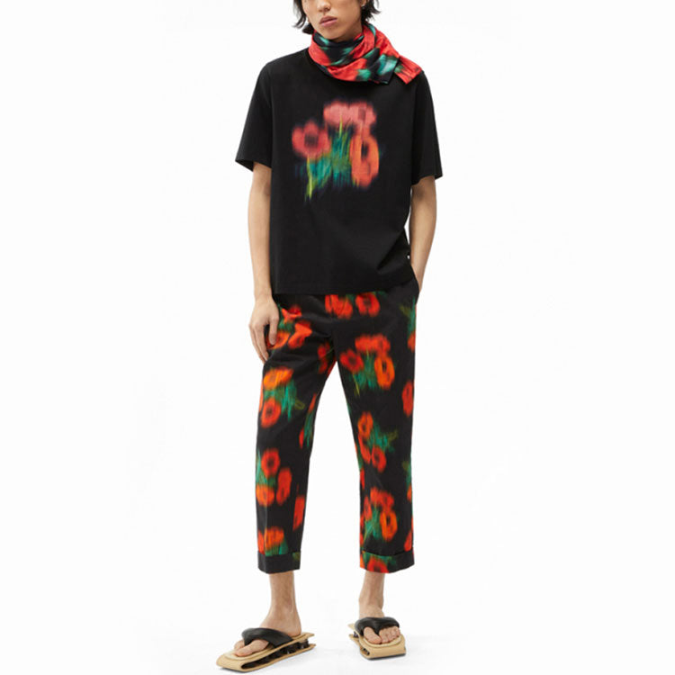 Men's KENZO SS21 Cotton Flowers Printing Pattern Round Neck Short Sleeve Black T-Shirt FB55TS0814SA-99