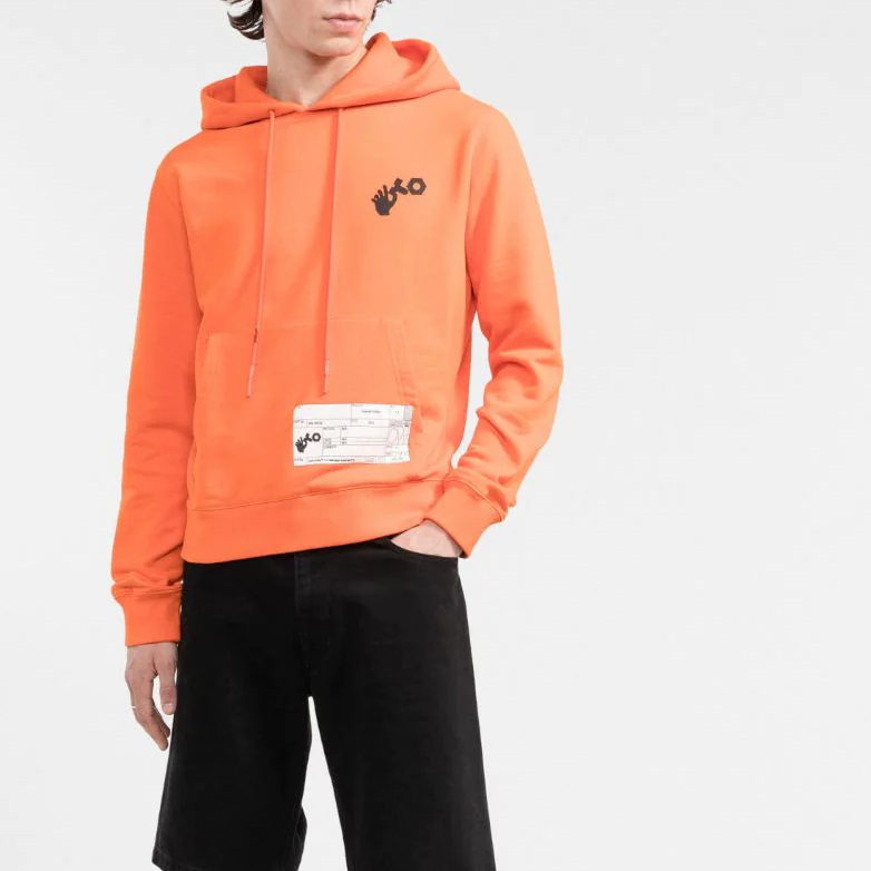 Men's Off-White Pattern Printing Drawstring Hooded Long Sleeves Slim Fit Version Orange OWTE003