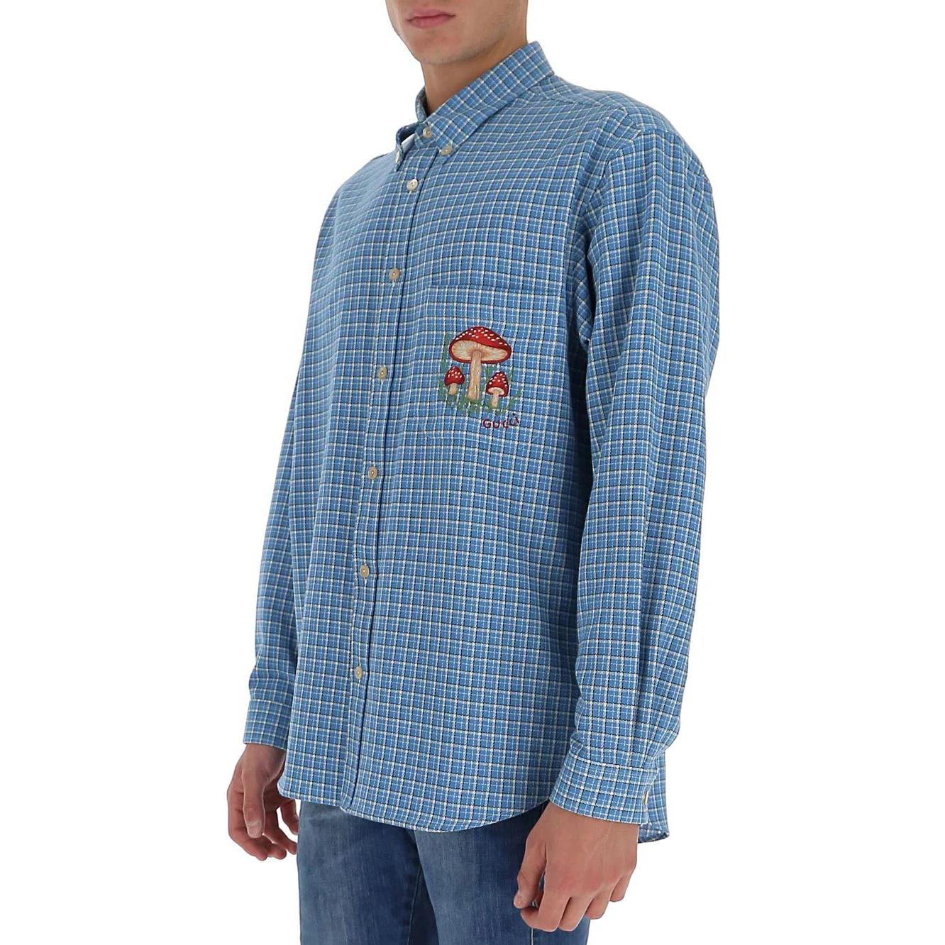 Gucci Mushroom Embroidery Check Shirt 'Blue' 628336-ZAFK2-4531