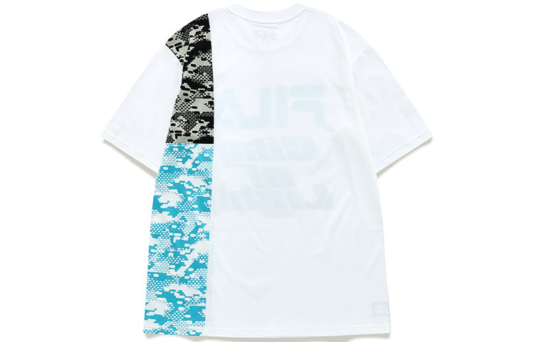 FILA FUSION Contrasting Colors Logo Printing Splicing Camouflage Round Neck Short Sleeve White T-Shirt T11U136103F-WT