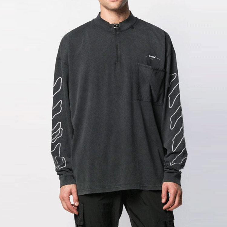 Men's Off-White SS21 Arrow Logo Pattern Half Zipper Long Sleeves Loose Fit Dark Grey T-Shirt 0MAB031F191850111001