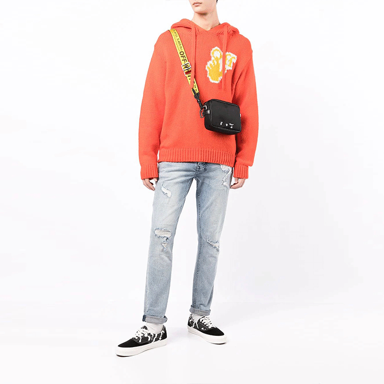 Men's Off-White FW21 Logo Intarsia Knit Pullover Hooded Wool Sweater Loose Fit Orange OMHA128F21KNI0012018