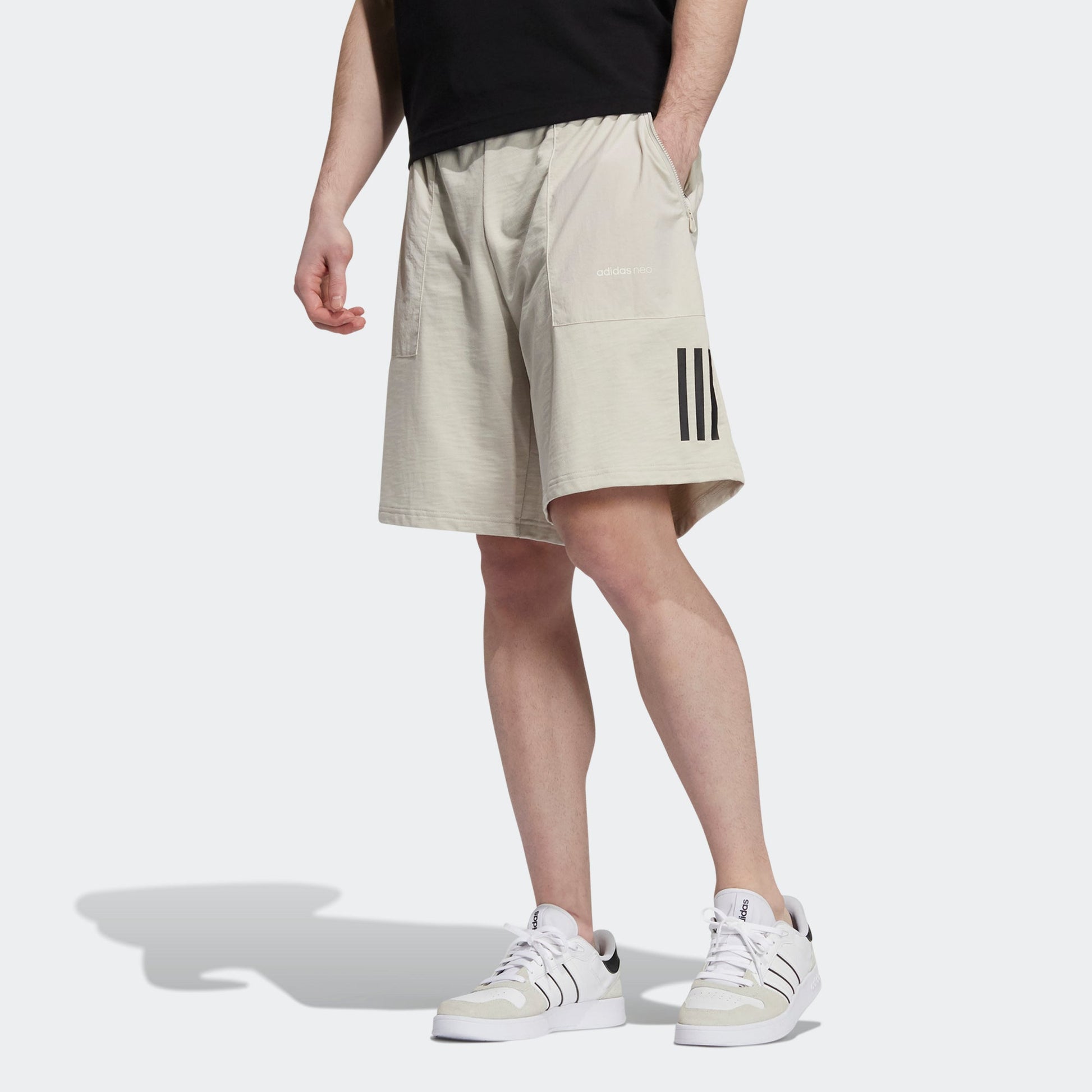 adidas neo M Sw Knit Ut Sh Big Pocket Stripe Loose Sports Shorts Creamy White H45163