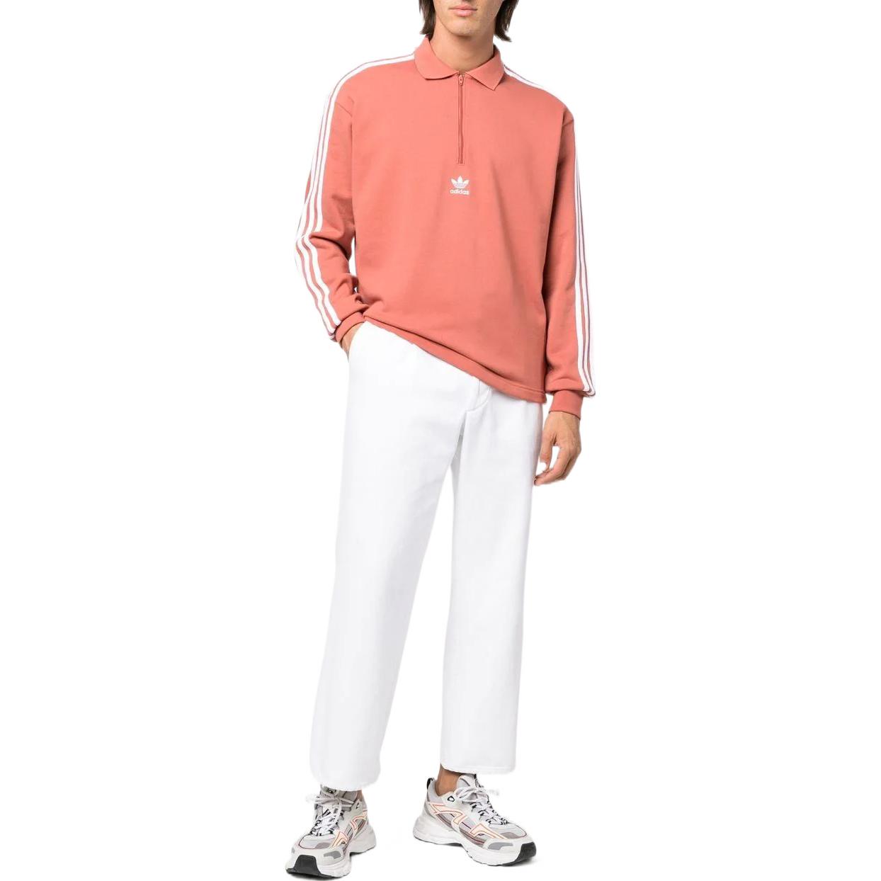 Men's adidas originals Logo Printing Pattern Stripe Lapel Half Zipper Long Sleeves Red HK7427