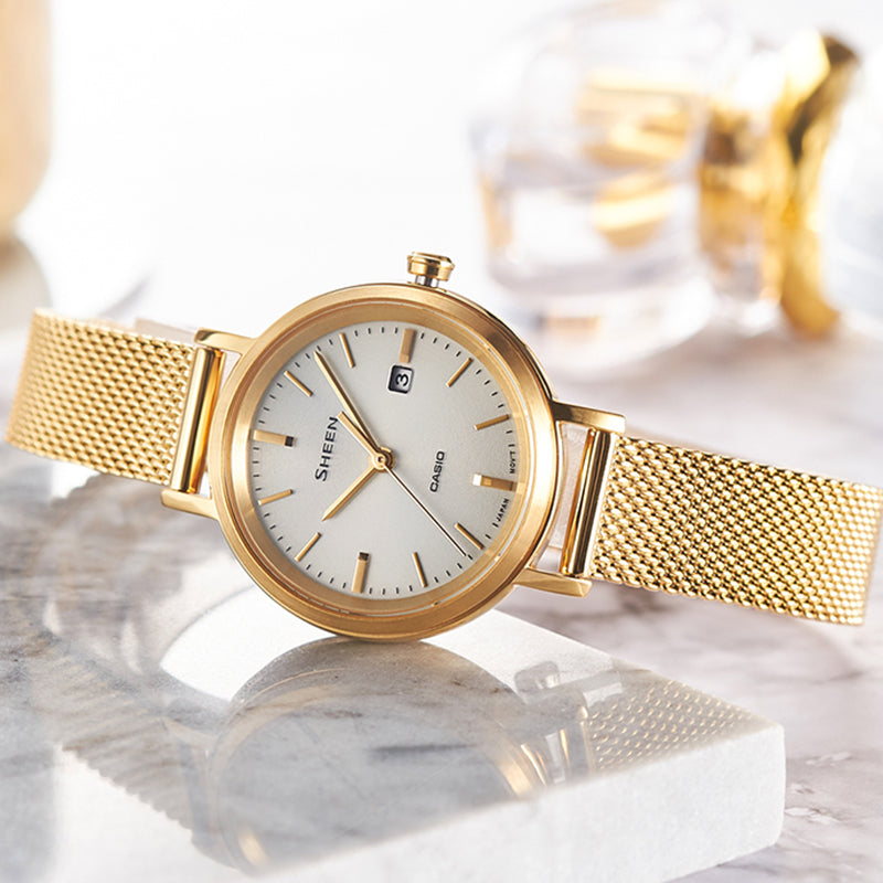 CASIO SHEEN Waterproof Quartz Sapphire Crystal Solar Powered Silver DialGold Strap SilverGold Analog SHS-D300GM-7A