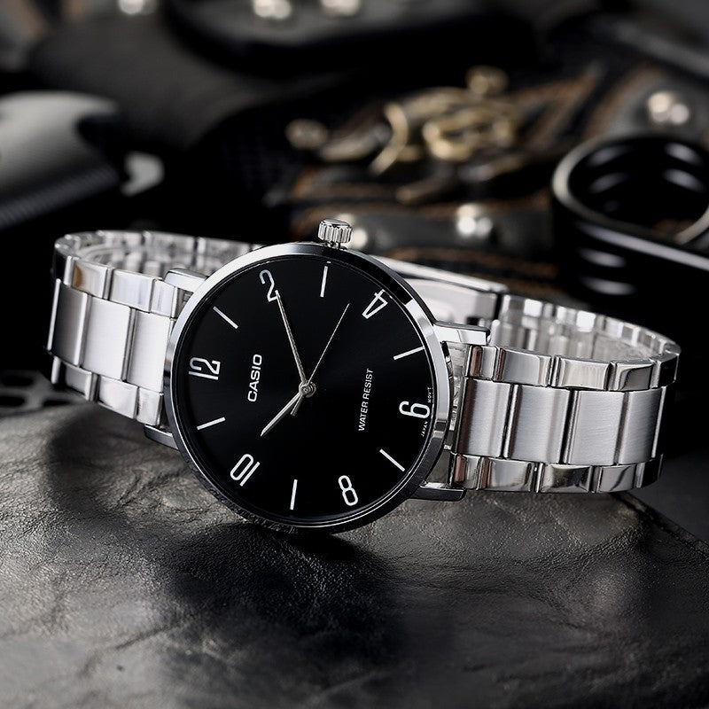 Men's CASIO DRESS Series Black Stainless Steel quartz Casual Watch Analog Mens MTP-VT01D-1B2