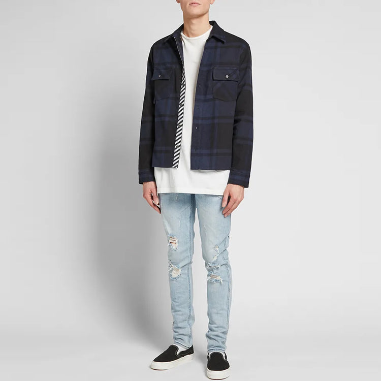 Off-White FW21 Pink Red Arrow Plaid Pattern Long Sleeves Shirt Loose Fit Navy Blue OMGA060R19C080153028