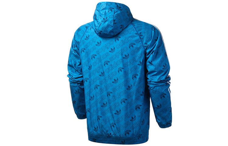 adidas originals Mono Windbreak Full Print Logo hooded Jacket Blue ED7046