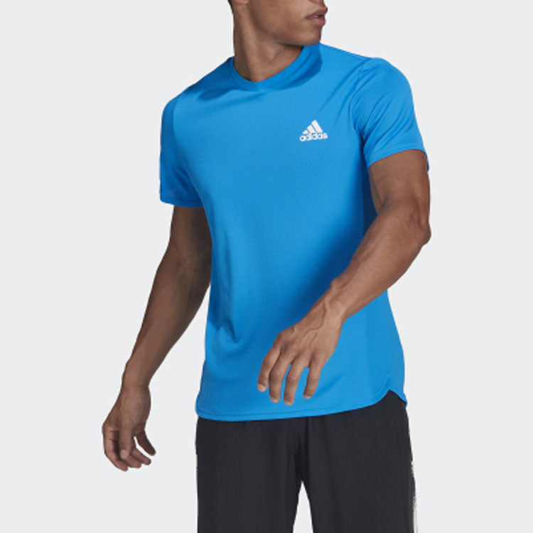 Men's adidas Solid Color Gym Round Neck Pullover Short Sleeve Blue T-Shirt HF7216