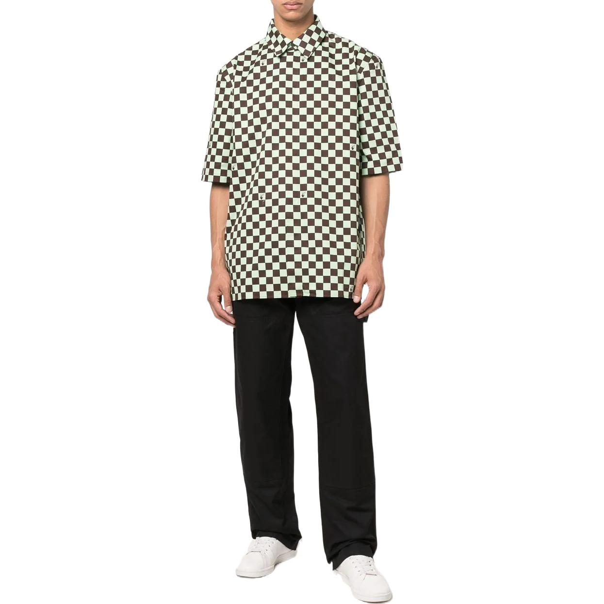 Men's Off-White SS22 Plaid Full Print Lapel Short Sleeve Loose Fit Green Shirt OMGA216S22FAB0026450
