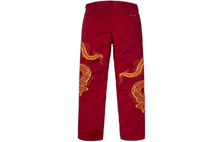 Supreme FW18 Dragon Work Pant Red Dragon Robe China Embroidered Casual Long Pants Unisex SUP-FW18-427