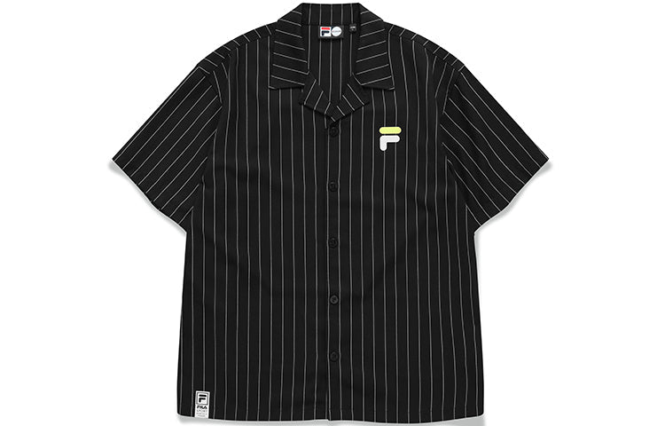 FILA FUSION Cartoon Printing Loose Stripe Short Sleeve Shirt Couple Style Black T11U122401F-BK