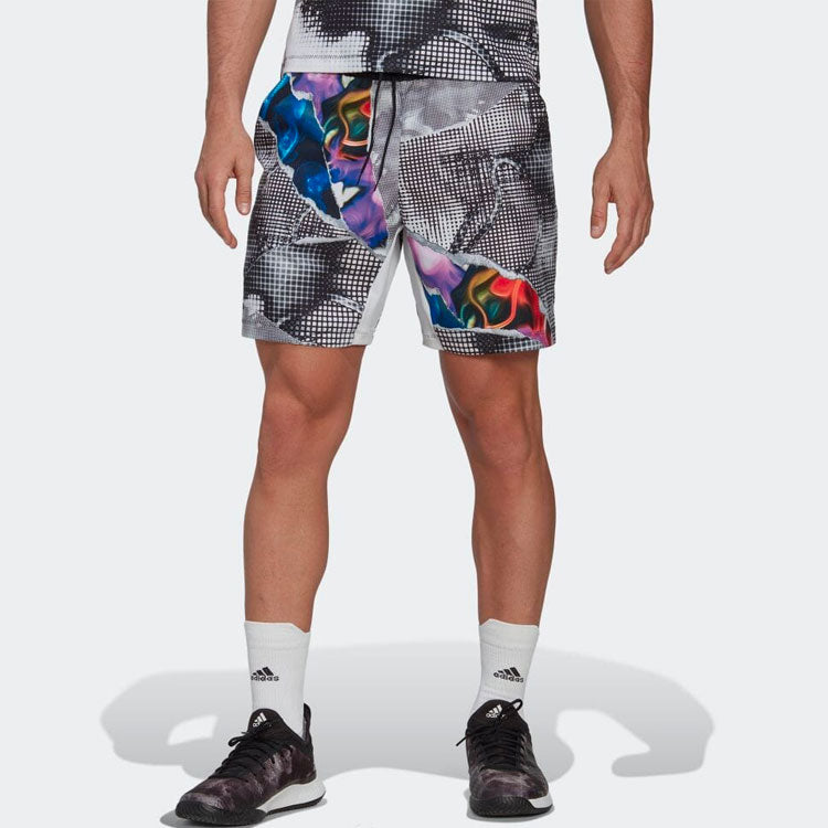 Men's adidas Pattern Full Print Casual Tennis Sports Shorts Gray HG6420