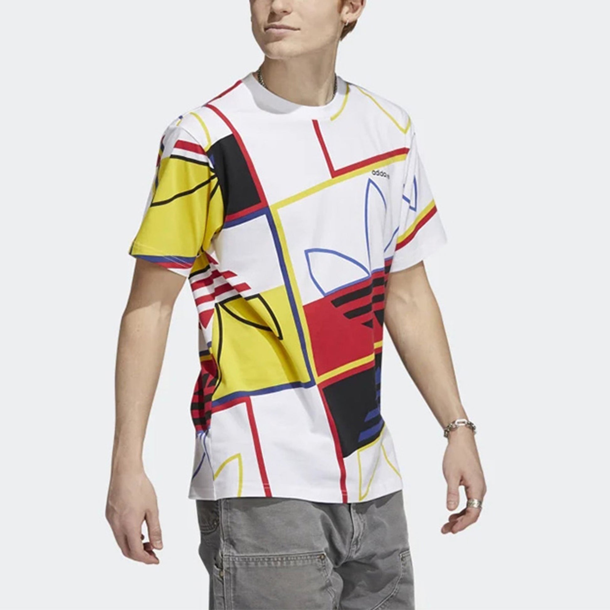 adidas originals Contrasting Colors Full Print Logo Sports Round Neck Short Sleeve White H31315