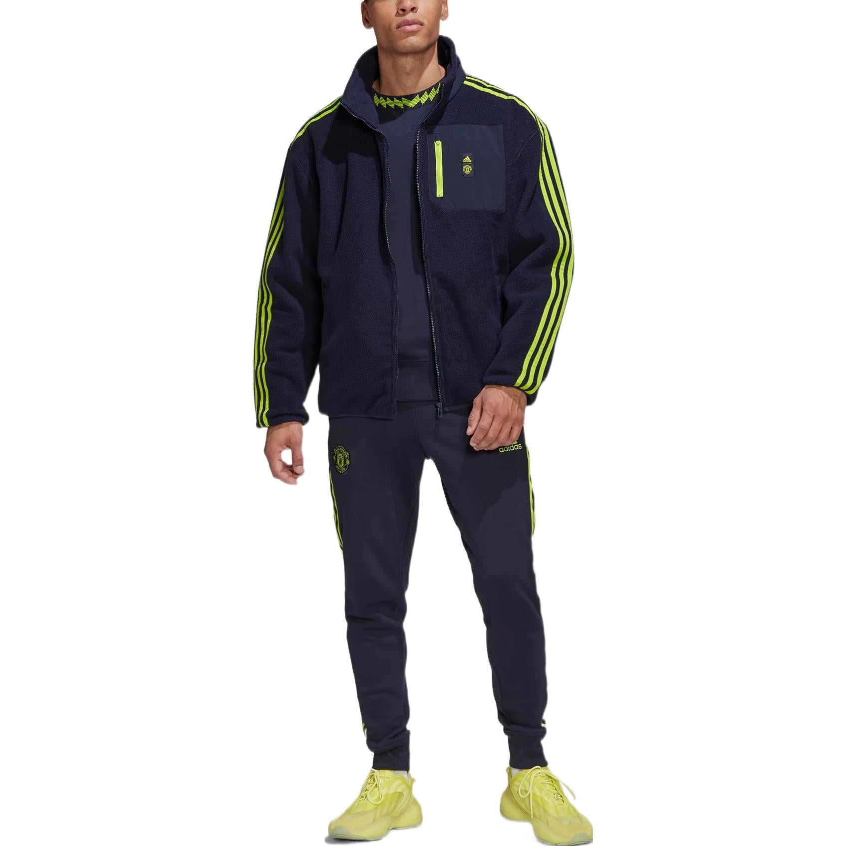 Men's adidas Logo Printing Pattern Stripe Soccer/Football Jacket Navy Blue HE6645