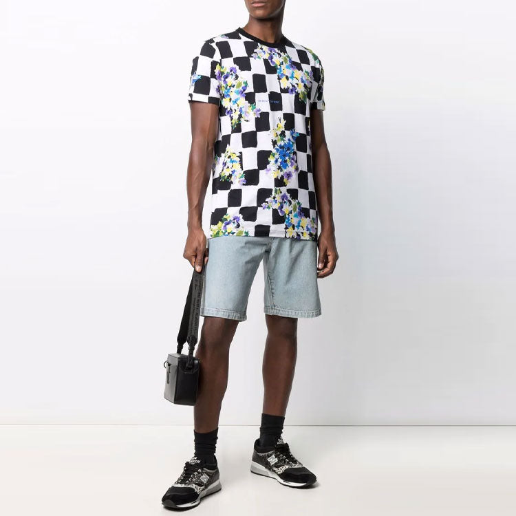 Off-White SS21 Cotton Flowers Plaid Short Sleeve Black White T-Shirt OMAA027S21JER0268400