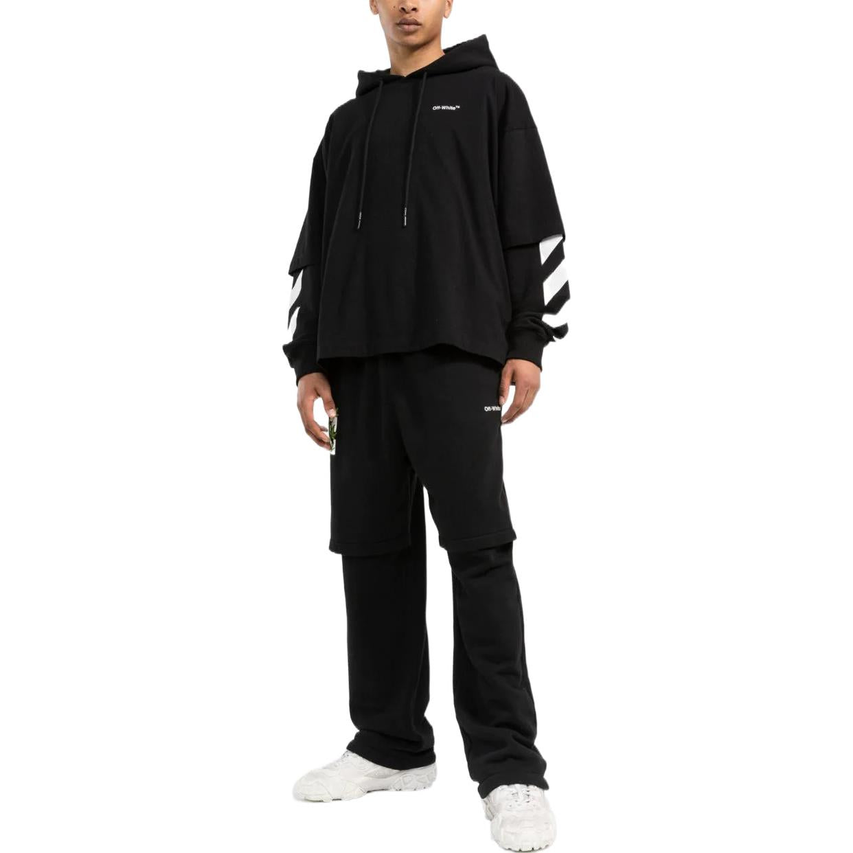 Men's Off-White Solid Color Stripe Printing Design Hooded Long Sleeves Black OMBB098C99FLE0011001