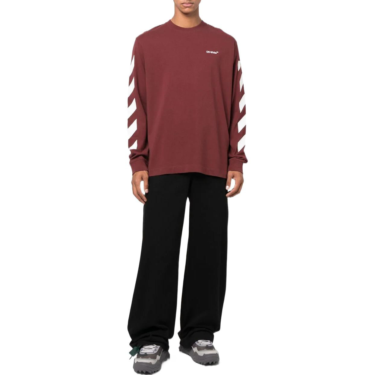 Men's Off-White FW22 Stripe Printing Round Neck Pullover Red OMAB064F22JER0012801