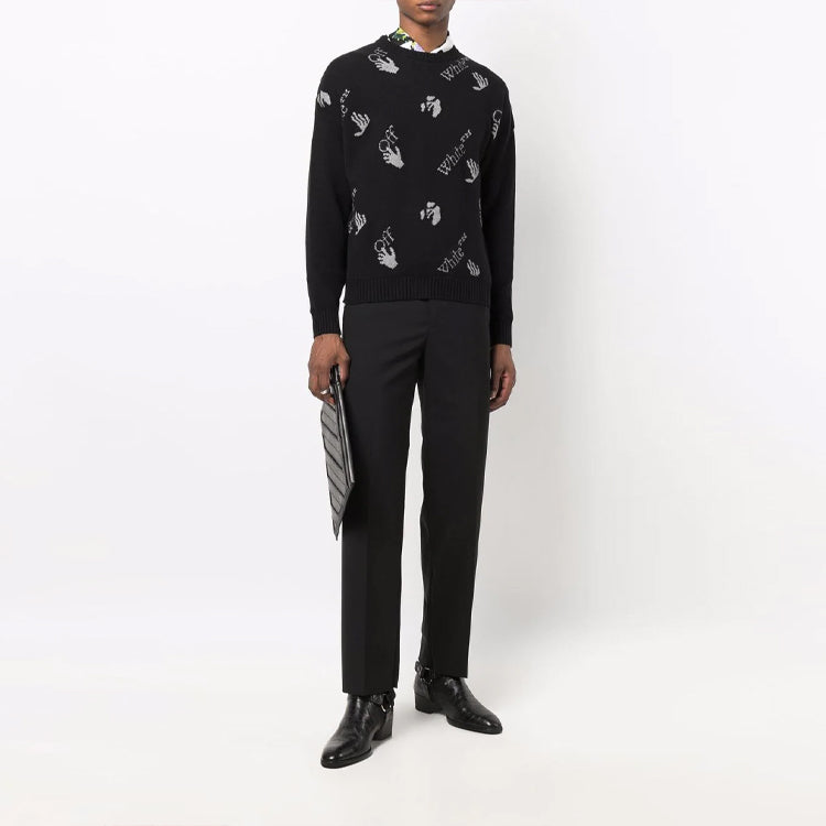 Men's Off-White FW21 Intarsia Knit Logo Round Neck Pullover Wool Sweater Loose Fit Black OMHE095F21KNI0011009