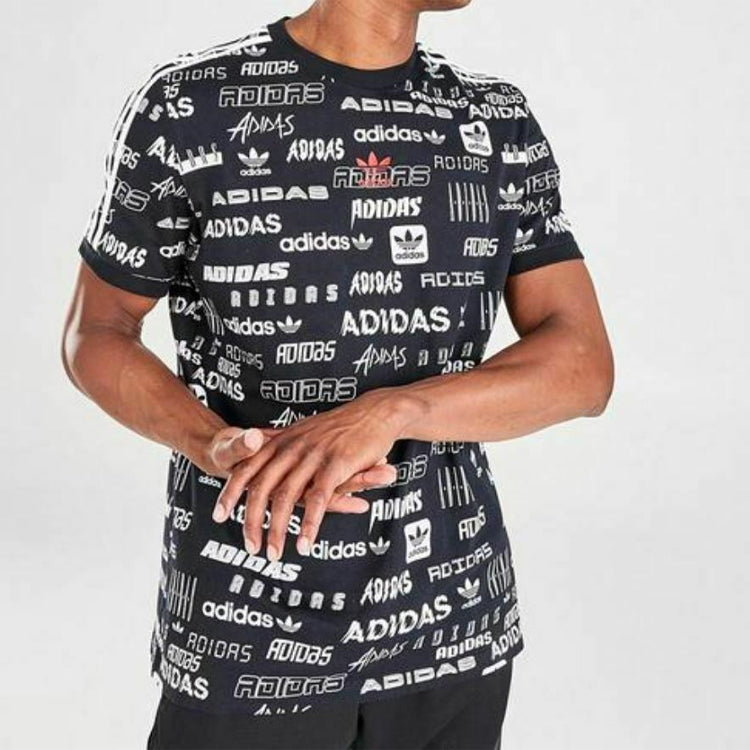 Men's adidas originals Sticl-aopt Logo Full Print Round Neck Pullover Sports Short Sleeve Black T-Shirt GK9708