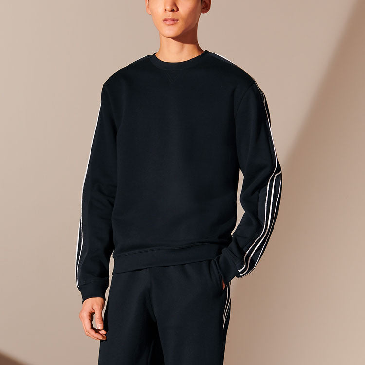 Men's HERMES FW21 Shoulder Stripe Splicing Long Sleeves Round Neck Sports Navy Blue H167515HA01