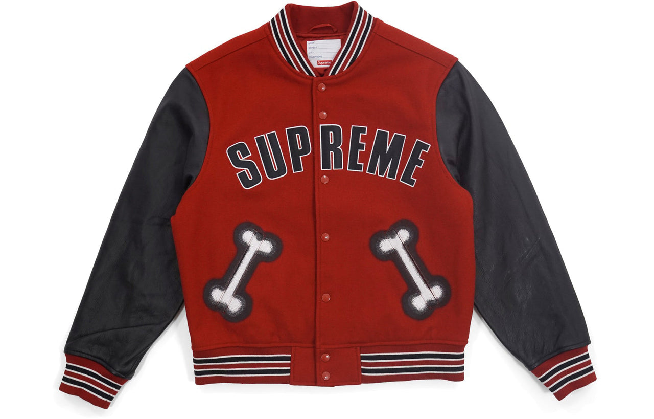 Supreme FW18 Bone Varsity Jacket Red Sleeve baseball uniform Unisex SUP-FW18-493
