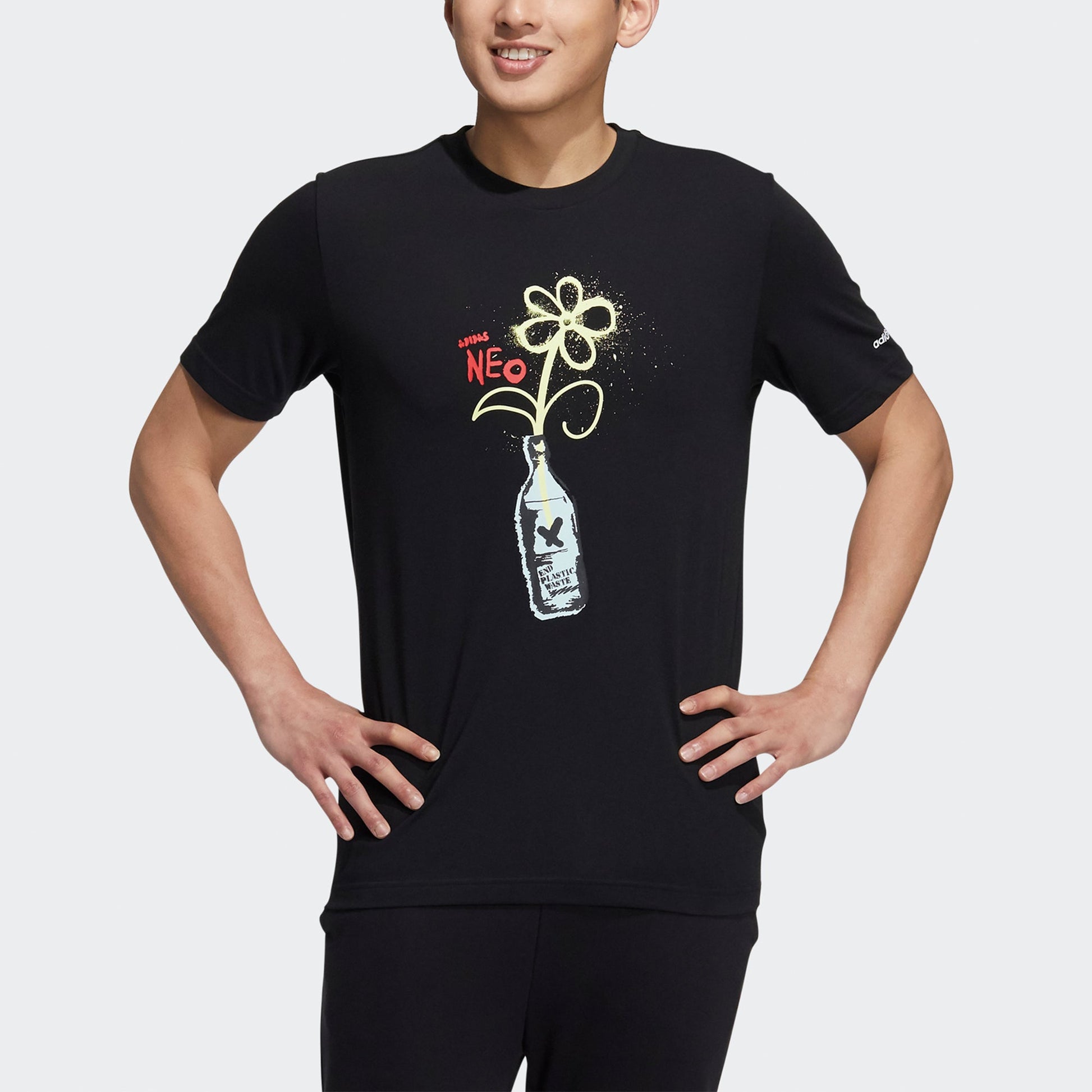 adidas neo M July Tee 1 Cartoon Printing Sports Round Neck Short Sleeve Black HF0463