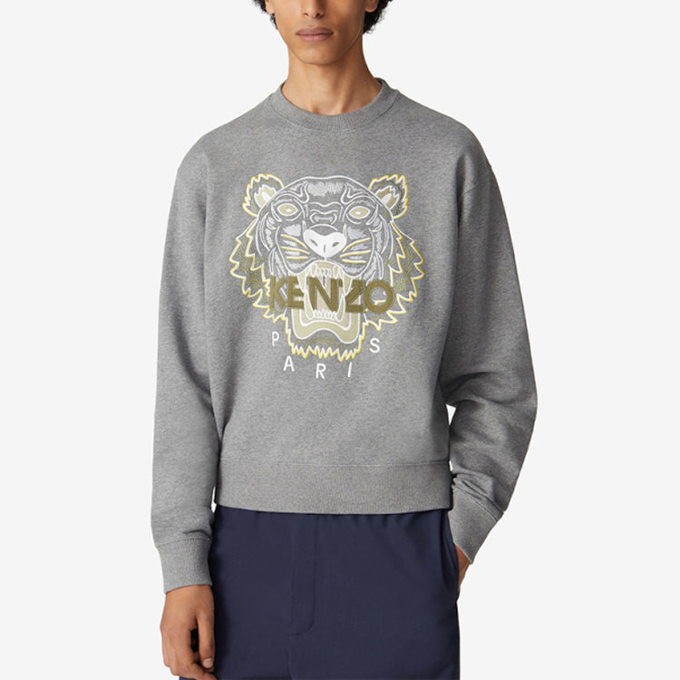 Men's KENZO SS21 Casual Embroidered Tiger Head Round Neck Gray FA65SW1104XA-95