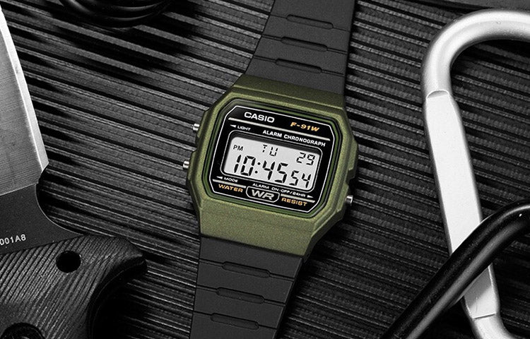 CASIO Waterproof Unisex Mens Black/Green Digital F-91WM-3A