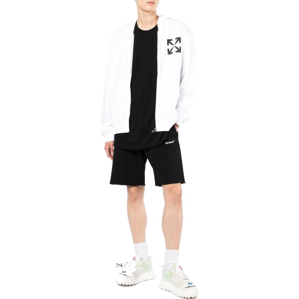 Men's Off-White Solid Color Logo Printing Pattern Hooded Zipper Jacket White OMBE013C99FLE0020110110