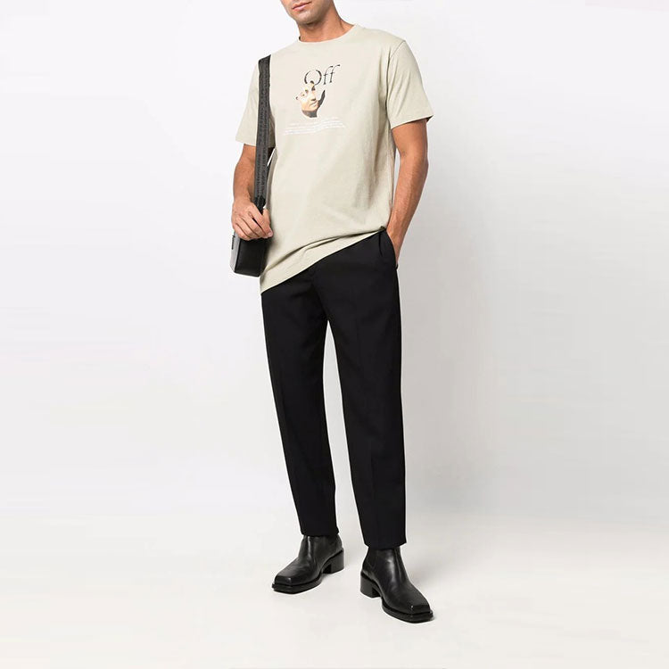 Men's Off-White Logo Printing Round Neck Short Sleeve Light Brown T-Shirt OMAA027F21JER0121784
