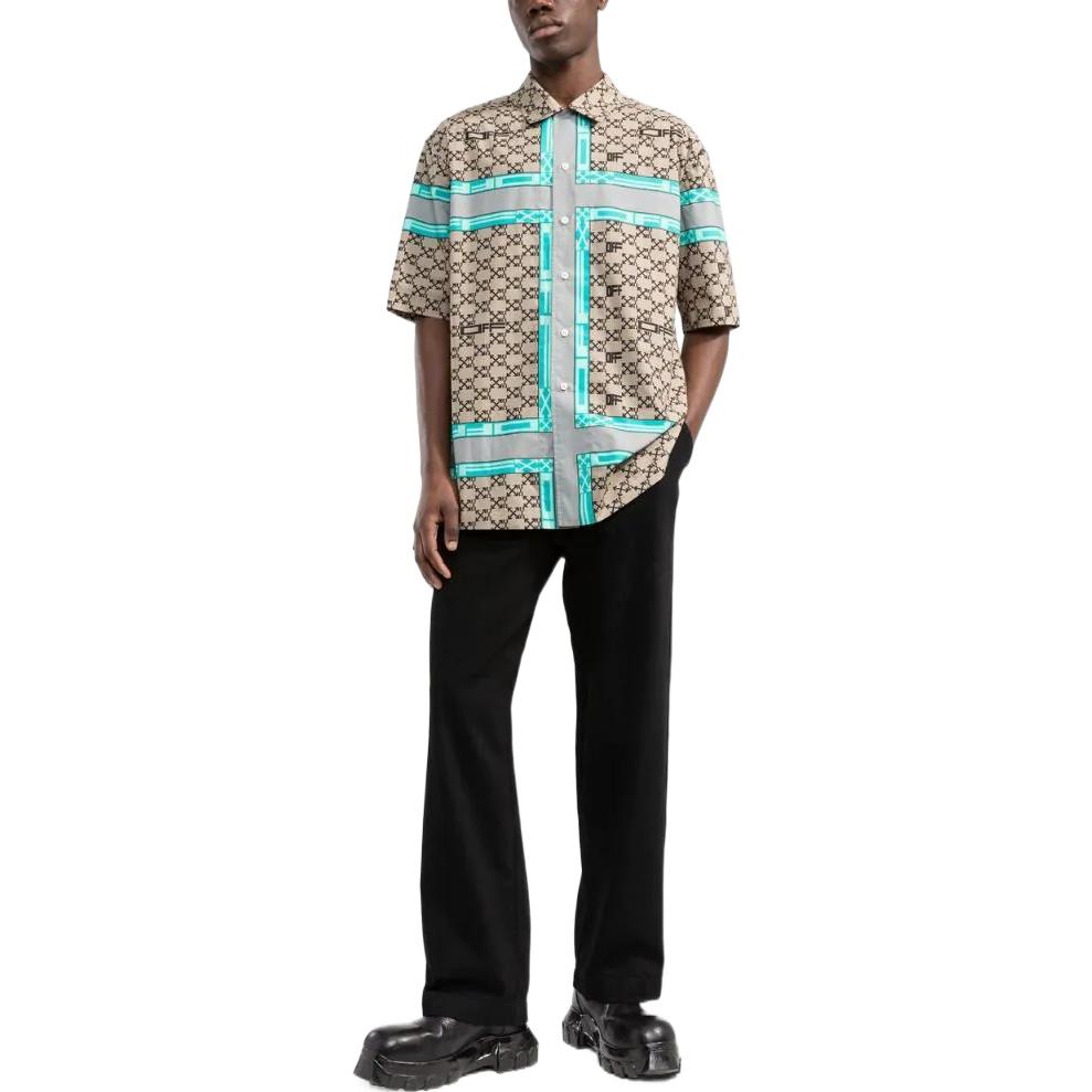 Men's Off-White SS22 Lapel Logo Printing Short Sleeve Version Beige Shirt OMGA196S22FAB00462106210