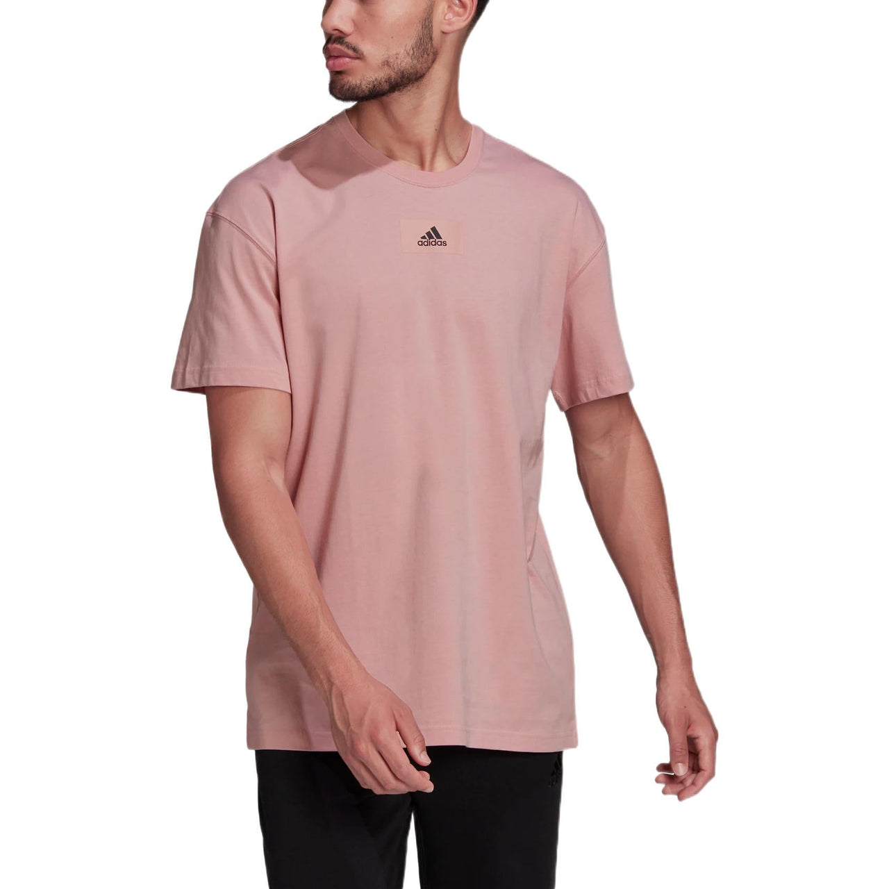 Men's adidas Solid Color Logo Casual Loose Short Sleeve Pink T-Shirt HE4355