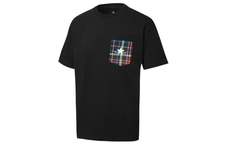 Men's Converse Contrasting Colors Plaid Pocket Casual Round Neck Short Sleeve Black 10020885-001