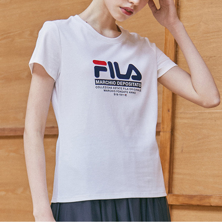 Men's FILA Printing Round Neck Pure Cotton White T-Shirt F61W028121F