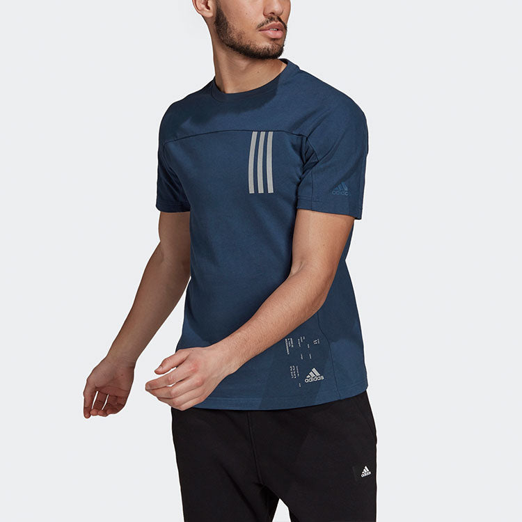 adidas Th Tee Dry Silo Reflective Stripe Knit Sports Short Sleeve Navy Blue GU1760