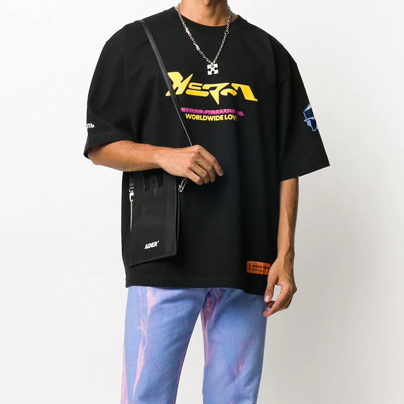 Men's HERON PRESTON Logo Printing Loose Short Sleeve Black HMAA019F20JER0021016