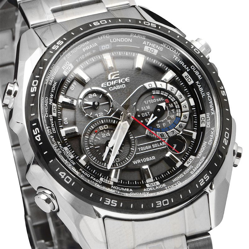 CASIO EDIFICE Solar Powered Stainless Steel Strap Quartz Waterproof Black DialSilver Strap Mens BlackSilver Analog EQS-500DB-1A1