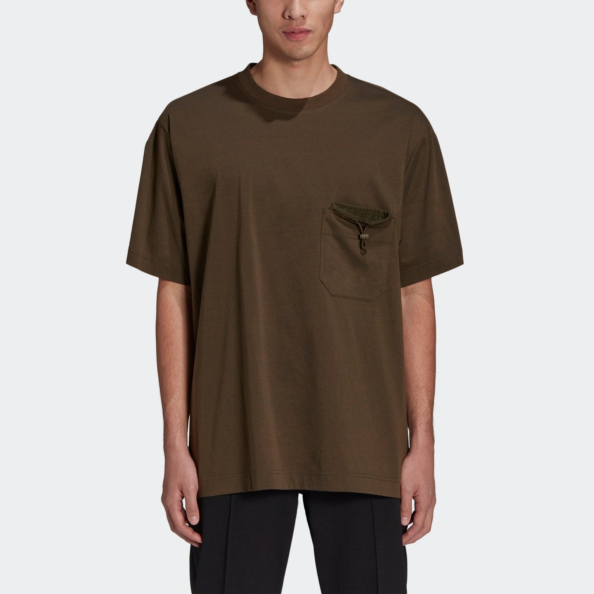 Men's Y-3 SS21 Loose Knit Pocket Round Neck Short Sleeve Dark Khaki T-Shirt GV4245