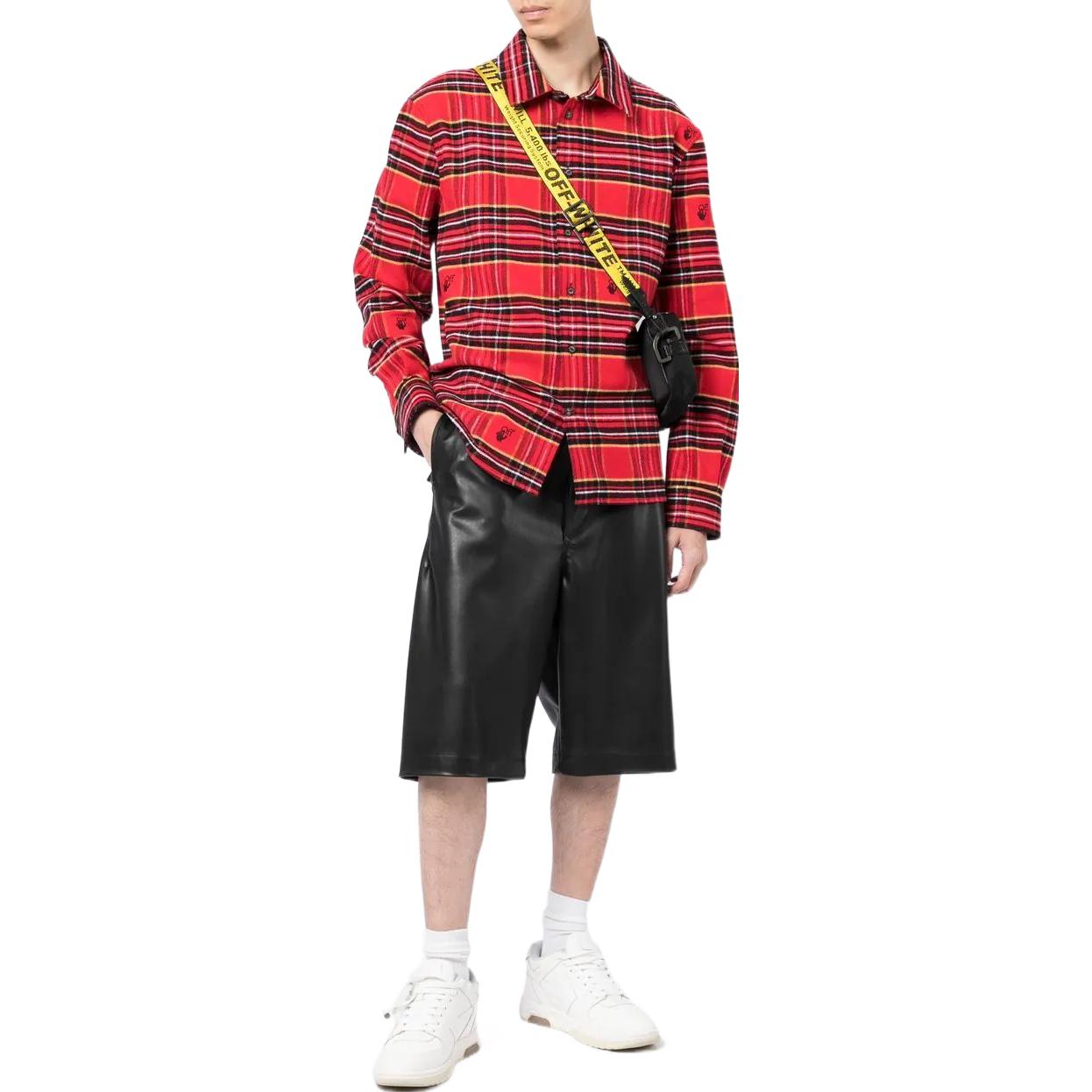 Men's Off-White SS22 Plaid Logo Embroidered Lapel Long Sleeves Loose Fit Red Shirt OMGA227S22FAB0022510