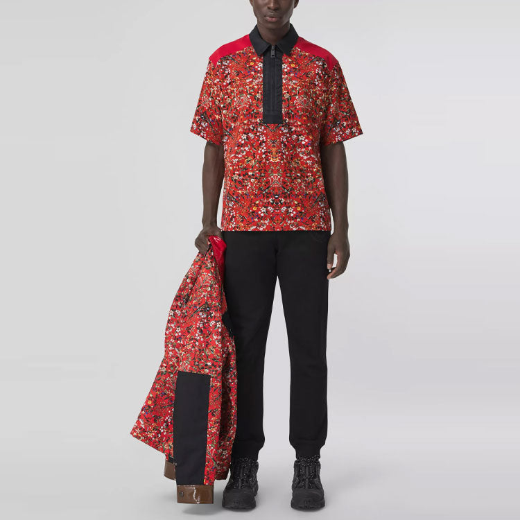 Men's Burberry SS21 Flowers Printing Zipper Short Sleeve Shirt Red 80415431