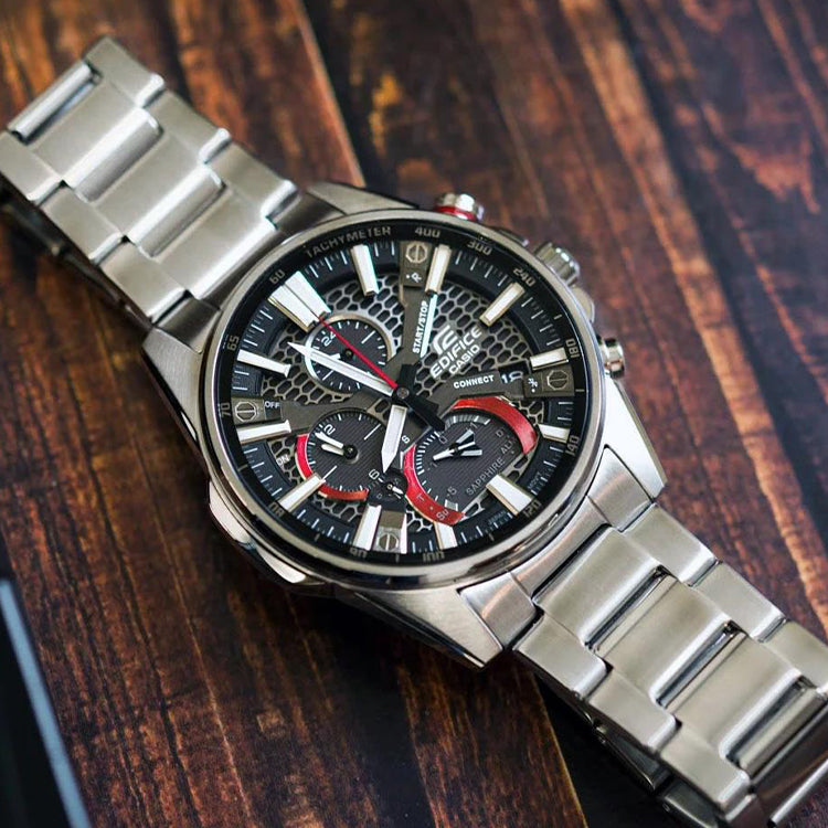 Men's CASIO Black quartz Watch 50mm Silver Stainless Steel Case Strap Mens Analog EQB-1200D-1A