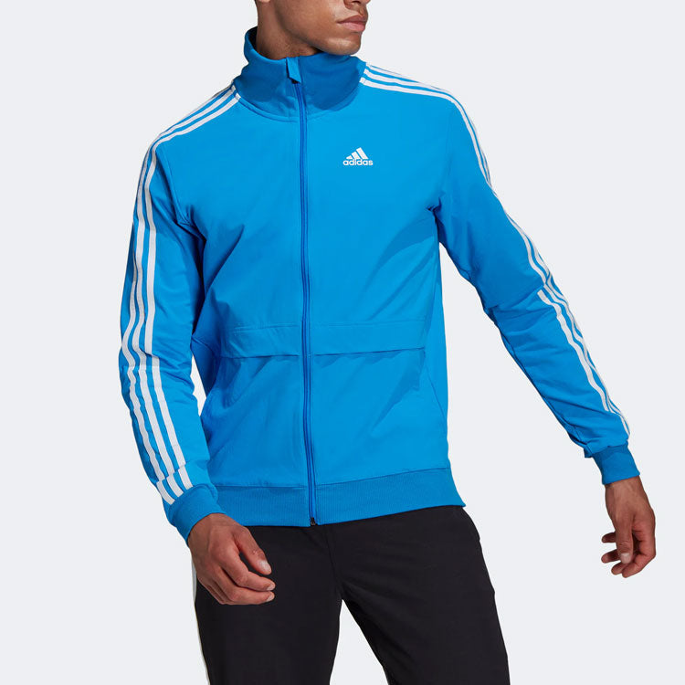 adidas Solid Color Logo Stripe Zipper Stand Collar Casual Jacket Blue H57197