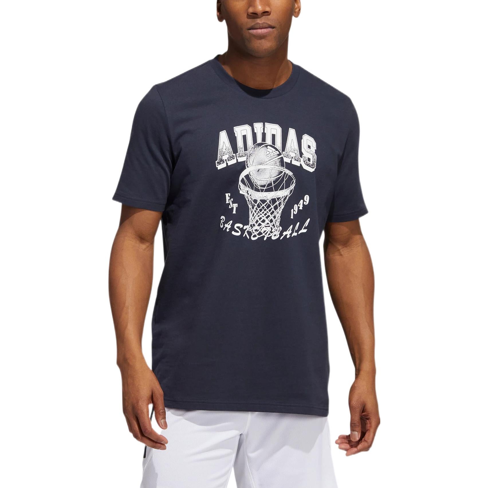 adidas Logo Basketball Pattern Round Neck Short Sleeve Navy Blue HK6717