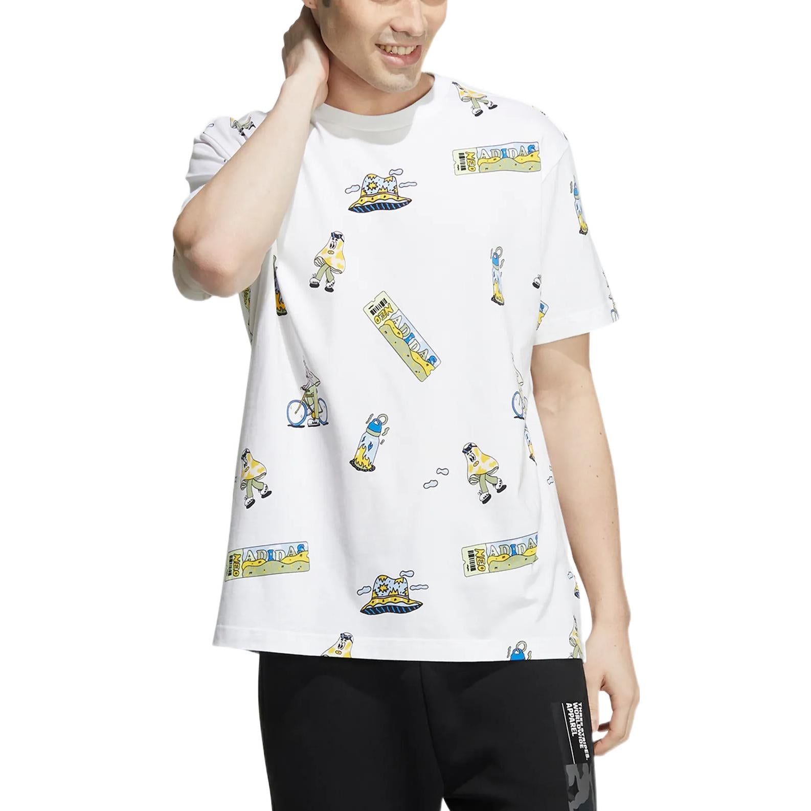 Men's adidas neo Funny Cartoon Full Print Casual Round Neck Short Sleeve White T-Shirt HH7685