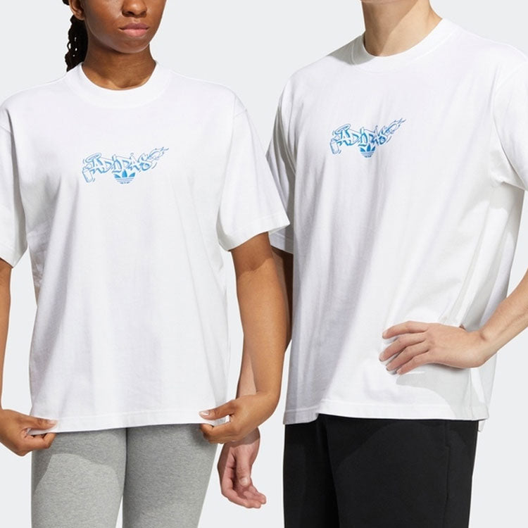 adidas originals Alphabet Cartoon Skateboard Printing Round Neck Short Sleeve Unisex White H49558