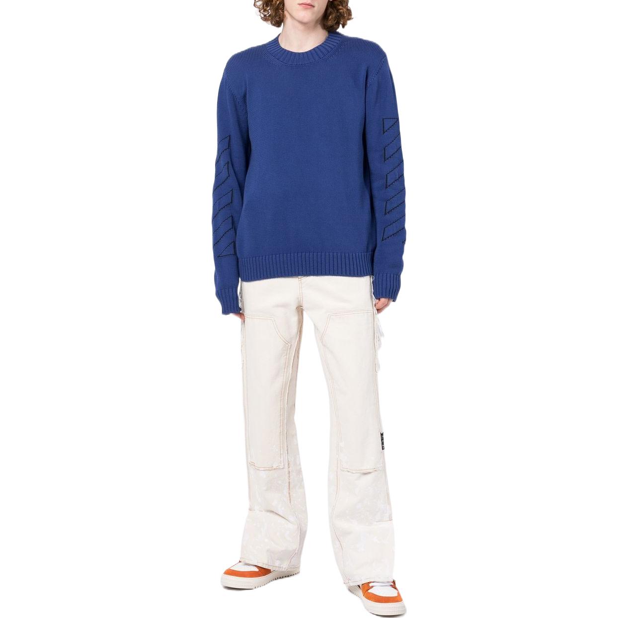 Men's Off-White FW22 Geometry Pattern Intarsia Knit Round Neck Long Sleeves Wool Sweater Blue OMHE087F22KNI0011454