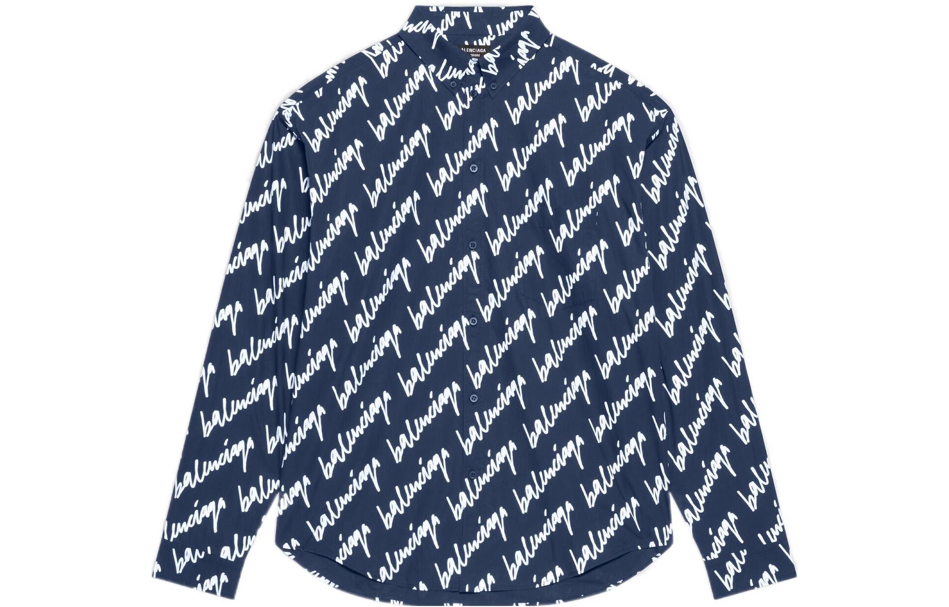 Balenciaga Scribble Logo Short Sleeve Shirt Large Fit 'Midnight Blue' 662983TLLJ48502