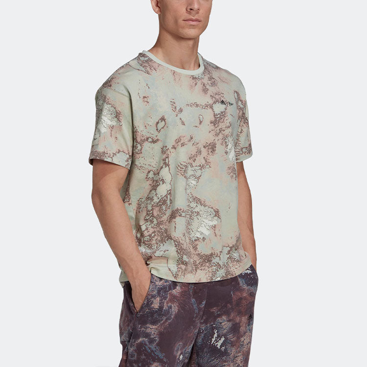 adidas Paint Splash Effect Printing Sports Round Neck Short Sleeve Flax Green T-Shirt HK4515