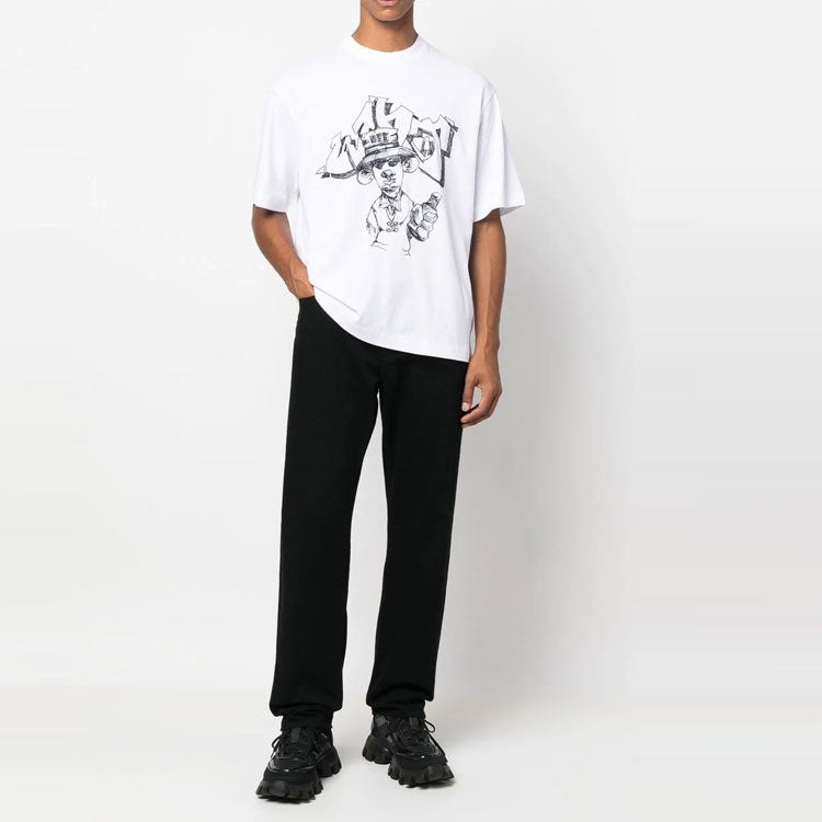 Men's Off-White FW22 Cartoon Printing Round Neck Short Sleeve Loose Fit White T-Shirt OMAA120F22JER0100110